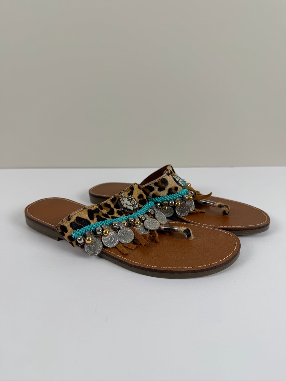 Meraki Leather Leopard Print Embellished Sandals Size 37 / US 7